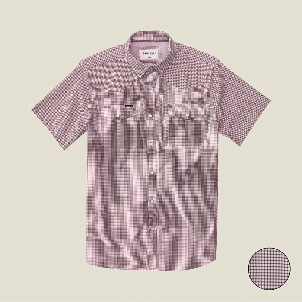 PONCHO Mens Maroon Micro-Check Pearl Snap Short Sleeve Shirt Maroon Microcheck - Picture 10 of 11